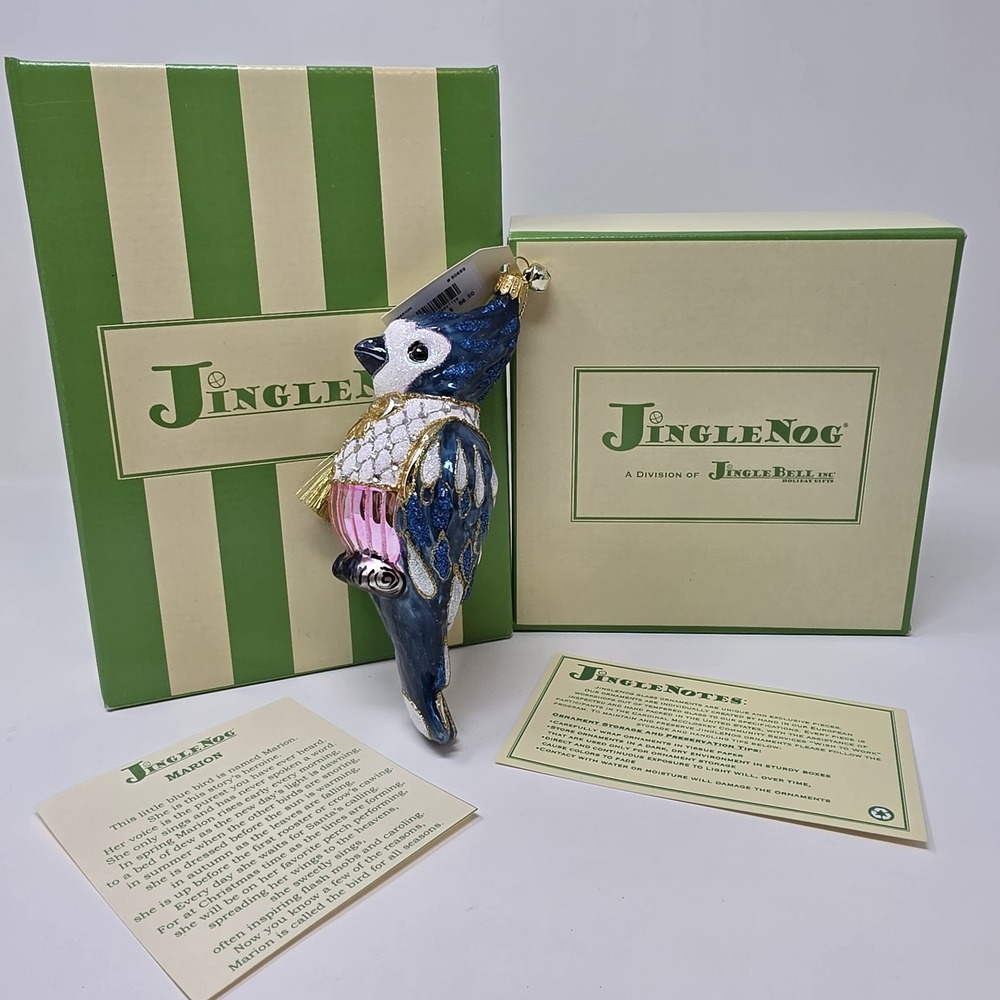 NIB JingleNog Marion Blue Bird Ornament #80689 Hand Blown & Painted in Poland